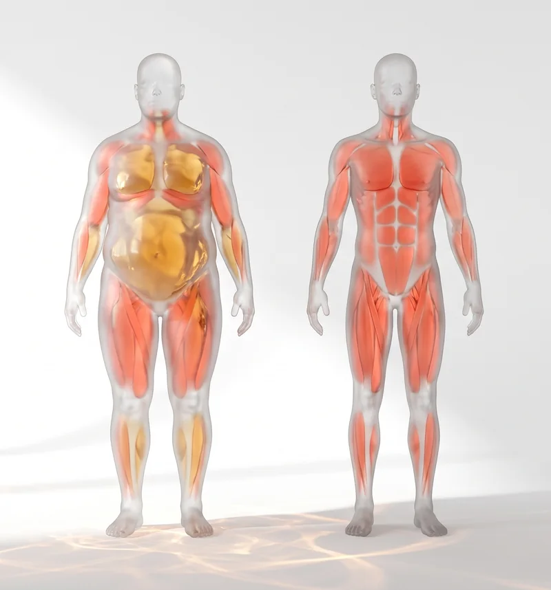 Dos cuerpos de vidrio de pie: uno con sobrepeso, con un gran volumen de grasa ámbar y poco músculo; otro atlético, con músculo coral y casi nada de ámbar